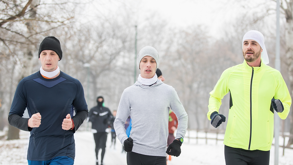 three men running in the winter