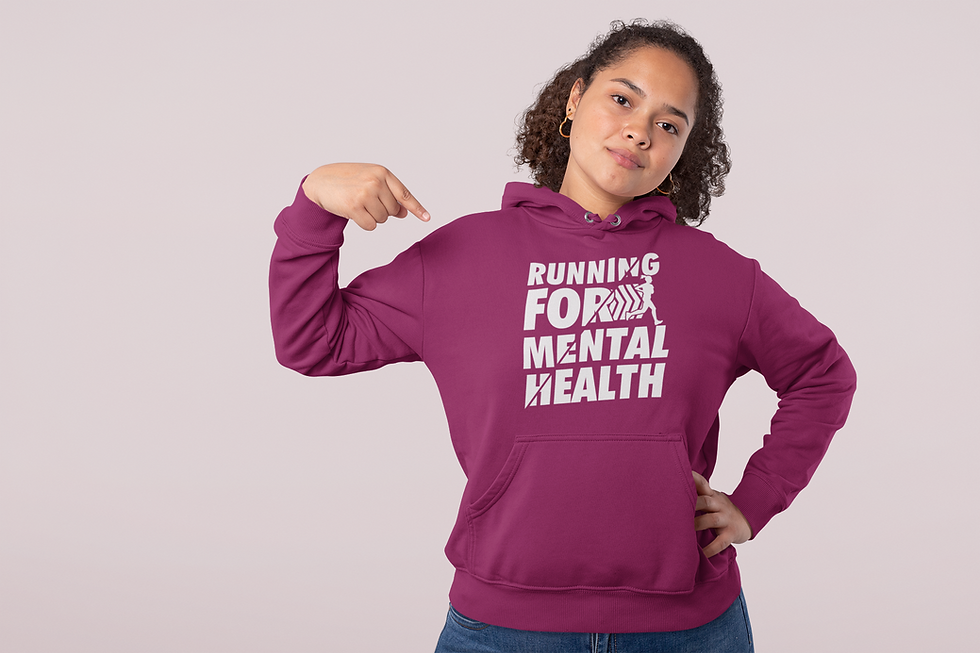 A person wearing a Running for Mental Health Sweatshirt
