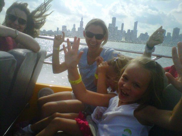 Olivia and her mom, Amy, with the Chicago skyline in the background